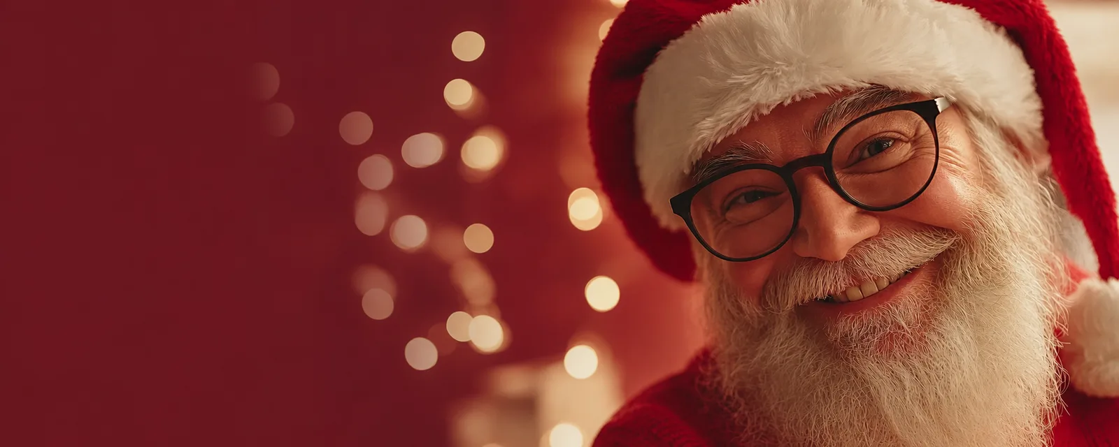Papai Noel do Natal Luz de Gramado 2026, sorrindo com óculos sob luzes douradas festivas
